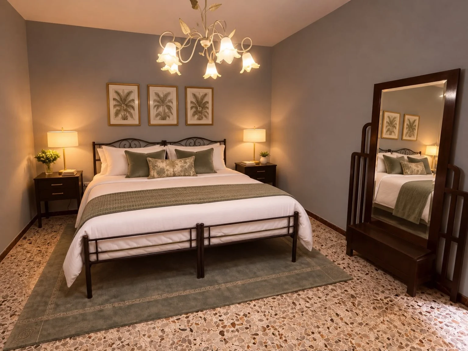 A welcoming bedroom with wrought iron bed and warm lighting