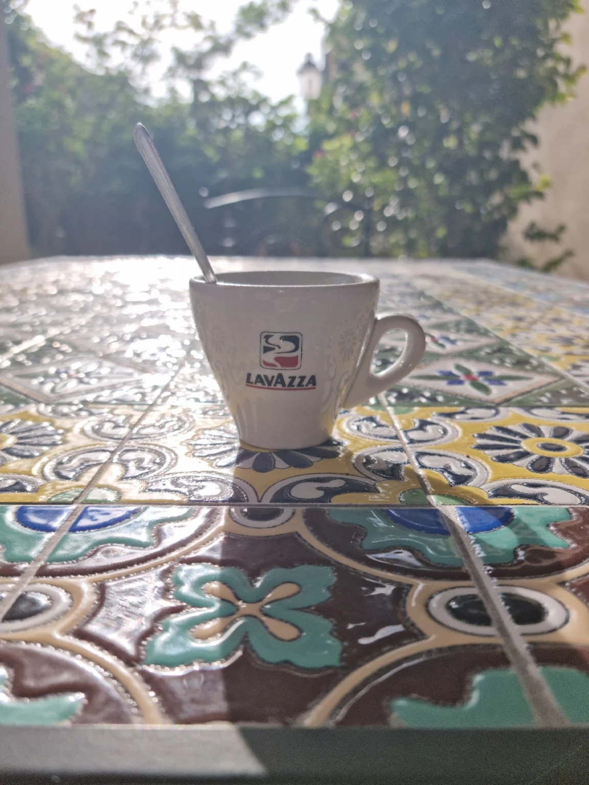 Morning coffee on the tiled table